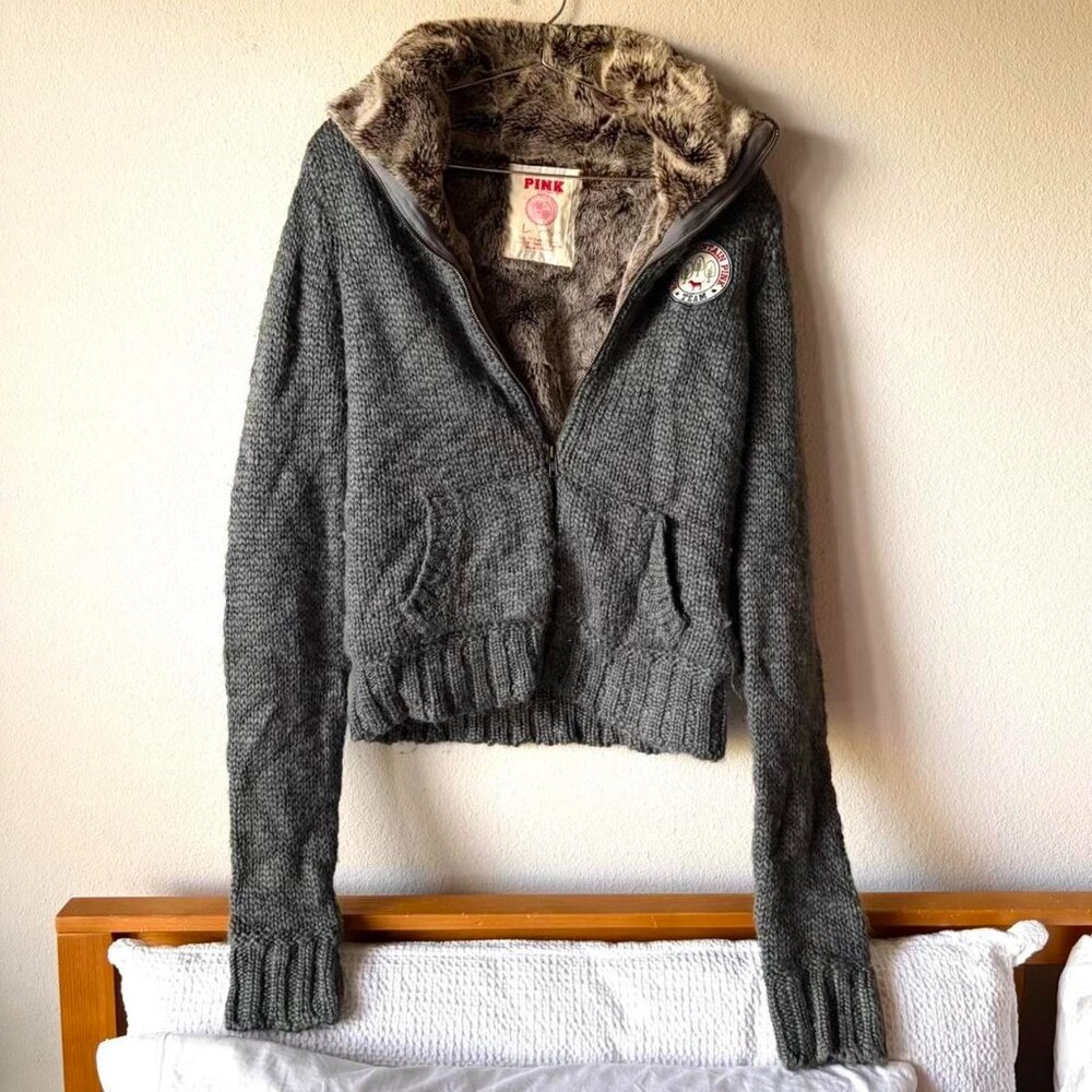 PINK Victoria's Secret y2k Vintage Rare Faux Fur Lined Zip Up Jacket Large